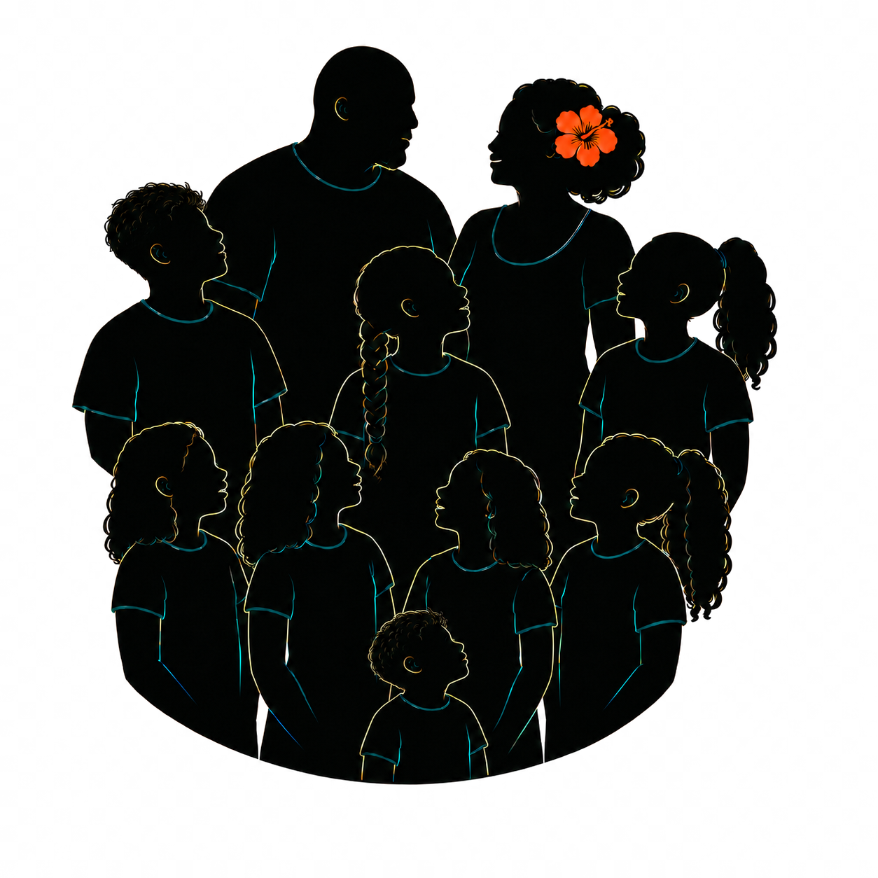 Silhouette of the Josami family with Joey, Josie, six daughters, and two sons